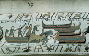 Normandische schepen varen langs de Engelse kust. Het paard trekt de boot op de gang. (detail)