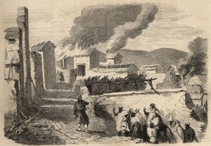 Verovering van Algerije: expeditie naar Groot Kabylia in 1857. Onderwerping van de Beni-Yenni op basis van een tekening door de heer Ameller, bataljonsleider bij de 1e Zouaven. Gravure in 