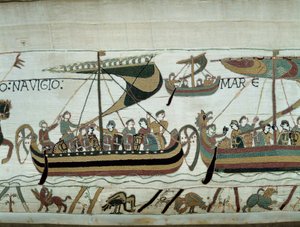 Verovering van Engeland door Willem de Veroveraar (1027-1087) in 1066: de Normandische vloten varen naar Engeland. Detail van het Tapijt van Bayeux of Borduurwerk van Koningin Mathilde door Unknown artist