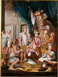 Verovering van Mexico: Montezuma (of Moctezuma II), Azteekse keizer (1466-1520) biedt geschenken aan de conquistador Hernan Cortez (of Cortes) (1485-1547) en zweert trouw aan het Koninkrijk Spanje