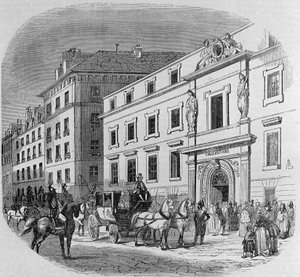 Conservatorium voor muziek aan de rue du Faubourg Poissonniere in Parijs: concertingang. Gravure uit 1860 door Unknown artist