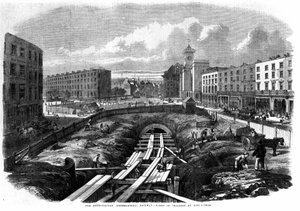 Bouw van de Londense metro in 1850: werkzaamheden bij King Cross.