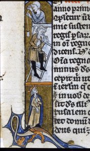 Bouw van een klooster: arbeiders en toezichthoudende koning. Verlichting van een manuscript uit het midden van de 13e eeuw. Bilioteca Trivulziana. door Unknown artist
