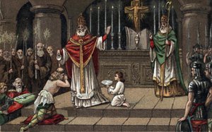 Bekering van Widukind of Witikind voor Karel de Grote in 785. Chromolithografie uit de late 19e eeuw