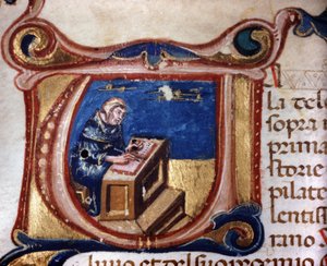 Kopiëermonnik. 13e-eeuws manuscript. Biblioteca Trivulziana, Milaan
