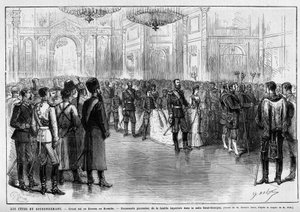 Kroningsfeesten: groot bal of kourka in het Kremlin. Poolse wandeling van keizer Alexander III van Rusland (1845-1894) en keizerin Dagmar van Denemarken (1847-1928) in de Sint-Jorishal, 27 mei door Unknown artist
