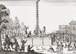 Lijken van Johan en Cornelis de Witt hangend aan galgen door Unknown artist
