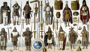 Kostuums, harnassen en wapens van barbaarse krijgers door Unknown artist
