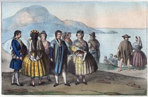 Kostuums van de mensen van Concepcion, Chili - gravure uit Usi e Costumi di Tutti i Popoli dell