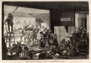 Coulies (dienaren) die een groot huis schoonmaken, voor de voorbereidingen voor het nieuwe jaar, dit huishouden eindigt met vrolijke en groteske manifestaties: verwijdering van degene die zijn taak slecht heeft uitgevoerd. Gravure ter illustratie van de re
