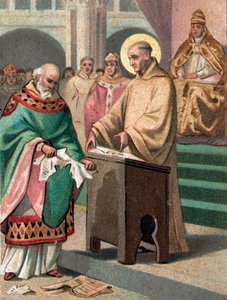 Concilie van Reims in 1148: Sint Bernardus van Clairvaux beschuldigt Gilbert de la Porrée, bisschop van Poitiers, van ketterij - Chromolithografie uit het einde van de 19e eeuw door Unknown artist