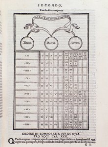 Contrapunt tabel, die de relatie tussen twee of meer stemmen uitlegt die harmonisch afhankelijk zijn (polyfonie). Pagina uit Toscanello in musica