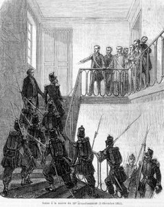 Staatsgreep: arrestatie van afgevaardigden in het stadhuis van het 10e arrondissement van Parijs op 2 december 1851.