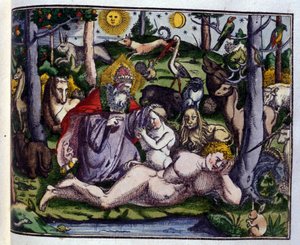 Schepping: God afgebeeld omringd door mensen en dieren (hond, kraanvogel, leeuw, hert, bever, aap, eenhoorn, wild zwijn, papegaaien, konijn...), volgens Historiae animalium door Konrad Gesner, Tiguri door Unknown artist