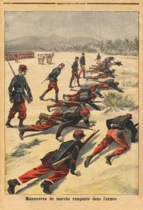Kruipende manoeuvres in het leger, experimenteren met nieuwe tamponarmbanden, die de handpalm beschermen. Gravure in 
