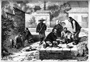 Kriketgevecht in Peking, China. Gravure in 