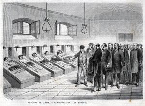 Misdaad van Pantin in oktober 1869. Confrontatie in het mortuarium. gravure van 1869 door Unknown artist
