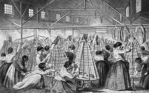 Crinolinefabrieken: het leggen van hoepels.