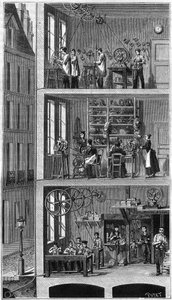 Doorsnede van een huis aan de rue Beaubourg in Parijs, met de verdeling van krachten. - Op de tussenverdieping, fabrikant van borstels; op de 1e verdieping, hoedenmaker; op de 2e verdieping, fabrikant van metalen frames. Onderaan en links zijn de rioolbuis