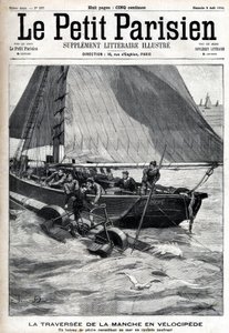 Oversteek van het Kanaal in velocipede: een vissersboot haalt Georges Pinkert op zee op, die de weddenschap had gemaakt om het Kanaal over te steken met de water-velocipede die hij had uitgevonden. Gravure in 