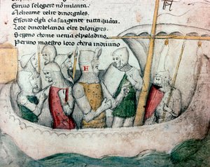 Kruisvaarders op een boot Illustratie voor het Toscaanse gedicht “Febusso e Breusso” Manuscript MS.B.R.45. 15e eeuw Florence, Biblioteca Nazionale door Unknown artist