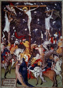Kruisiging. Zwarte engelen vliegen rond de lichamen van de veroordeelden. Romeinen te paard draaien rond het kruis om de scène te aanschouwen