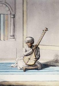 Cultuur, beschaving en Indiase samenleving: Muzikant die Thambourah speelt, traditioneel instrument van India. Gravure 1808 door Unknown artist