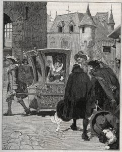 Bestek: schippers omringen de stoel van Marie de Rabutin-Chantal (Rabutin Chantal), markiezin de Sévigné genaamd Madame de Sévigné (1626-1696) om hem messen te verkopen bij zijn aankomst in Nogent (Haute Marne) in 1675. Gravure uit 1885 in “Les arts et mét