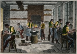Bestekwerkplaats in Frankrijk in de 19e eeuw. Gravure uit 1885 in 