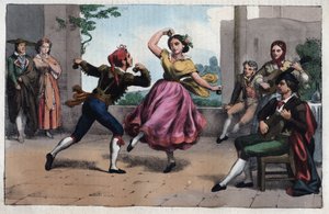 Dans van de Bolero en kostuums van Granada - gravure uit 