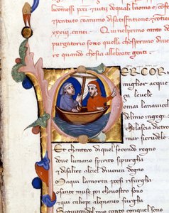 Dante Alighieri: Divina Commedia (Goddelijke Komedie) incipit van Purgatorio. Dante en Virgil. manuscript uit de 14e eeuw. Milano bibl. Trivulziana door Unknown artist