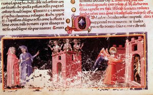 Dante en Vergilius bij de poort van Dite bewaakt door de furieën (canto 9 uit de Hel, in de Goddelijke Komedie) - miniatuur