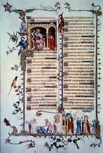 David bedreigd door Saul. Allegorie van hebzucht. Sacrament van de Communie. Allegorie van liefdadigheid. Miniatuur uit het Psalm Breviaire de Belleville
