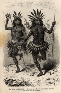 Dag en nacht, schilderijen op het lichaam van de dansers van de religieuze ceremonie en boetedoening, uitgevoerd door de stamhoofden en zijn metgezellen, onder de Mandans Indianen (of noumah ka kie: fazanten), op de linkeroever van Missouri. Gravure ter i door Unknown artist