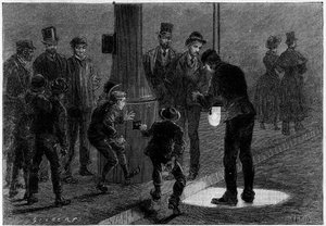 Dood door elektriciteit: elektrificatie met elektrische lantaarns op Place du Carrousel, in Parijs. Gravure in 