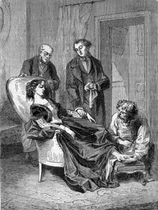 Overlijden van het meisje Hannah Greener op vijftienjarige leeftijd na een van de eerste chloroform-anesthesieën op 28/01/1848. Gravure uit 1869.