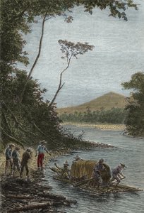 Afdaling van de Amazone (1743-1744) - Het vertrek van het vlot door Charles Marie de La Condamine (1701-1774) (gravure)