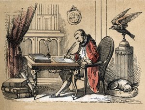 Beschrijving van verschillende producten en toepassingen van papier: portret van Georges Louis Leclerc, Graaf van Buffon, natuuronderzoeker en schrijver (1707-1788) die zijn Natuurlijke Historie schrijft. Plaat 