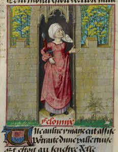 Detail van een miniatuur van de allegorische figuur van Feloniye (Misdaad), in de eerste kolom van het folio, uit 