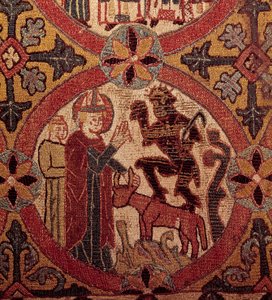 Detail van een borduurwerk dat de Verleiding van Sint Maarten uitbeeldt. IJslands wandtapijt. 1390-1403. Parijs, Nationaal Museum van de Middeleeuwen, Thermen van Cluny door Unknown artist