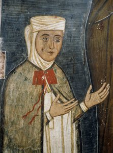 Vrome Saramalyna Anastasia in 14e-eeuwse kleding, fresco in Byzantijnse kerk van Onze-Lieve-Vrouw van Asinou (12e eeuw) (Unesco Werelderfgoedlijst, 2001), Troodos-gebergte, Cyprus door Unknown artist