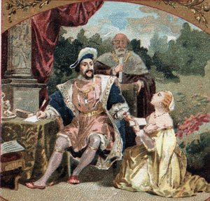 Diane de Poitiers (1499-1566) dame van Brézé, in het kasteel van Anet smeekt François I (1494-1547) om genade voor haar vader. Chromolithografie uit de late 19e eeuw door Unknown artist