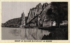 Dinant, de Rocher Bayard en de Maas, Wallonië, België. Chromolithografie van het einde van de 19e eeuw.