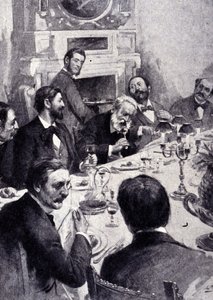 Dineren aan tafel met Victor Hugo en Jean Mounet Sully (Mounet-Sully) (1841 - 1916), Franse acteur. Gravure uit de 19e eeuw. door Unknown artist