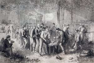 Distributie van rantsoenen aan Noord-Amerikaanse militaire eenheid, Verenigde Staten van Amerika, Amerikaanse Burgeroorlog, gravure