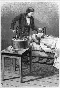 Apparaat van dokter Dubois voor anesthesie door de titel mengsels van chloroform en lucht (Methode van Paul Bert). Gravure uit 1885.
