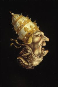 Dubbelportret met paus en duivel (omgekeerd beeld). Circa 1600
