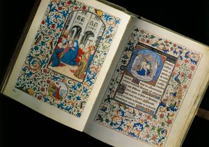 Dubbele pagina van een open manuscript (boek): de nederdaling van de Heilige Geest. Miniatuur naar het Brevier van Maria van Bourgondië door Unknown artist