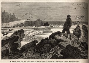 Dr. Hayes, arriveert bij de vrije zee van de Noordpool, het doel van zijn expeditie, plant de Amerikaanse stervlag. Gravure ter illustratie van de reis naar de vrije zee van de Noordpool, door dokter Hayes, chirurg van de Amerikaanse marine, in 1860-1862