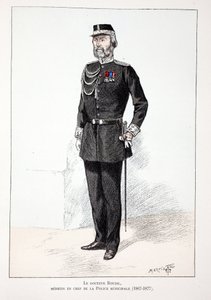 Dr. Roudil, hoofdarts van de gemeentepolitie (1867-1877). Kleurgravure, ter illustratie van het boek Histoire du corps des gardiens de la paix, gepubliceerd onder auspiciën van Louis Lepine (1846-1933) prefect van politie van de Seine, door Alfred Rey (186